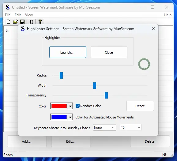 Screenshot of Mouse Cursor Highlighter displaying configurable parameters